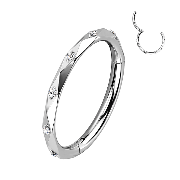 Diamond Faceted Cut CZ Titanium Hinged Segment Ring