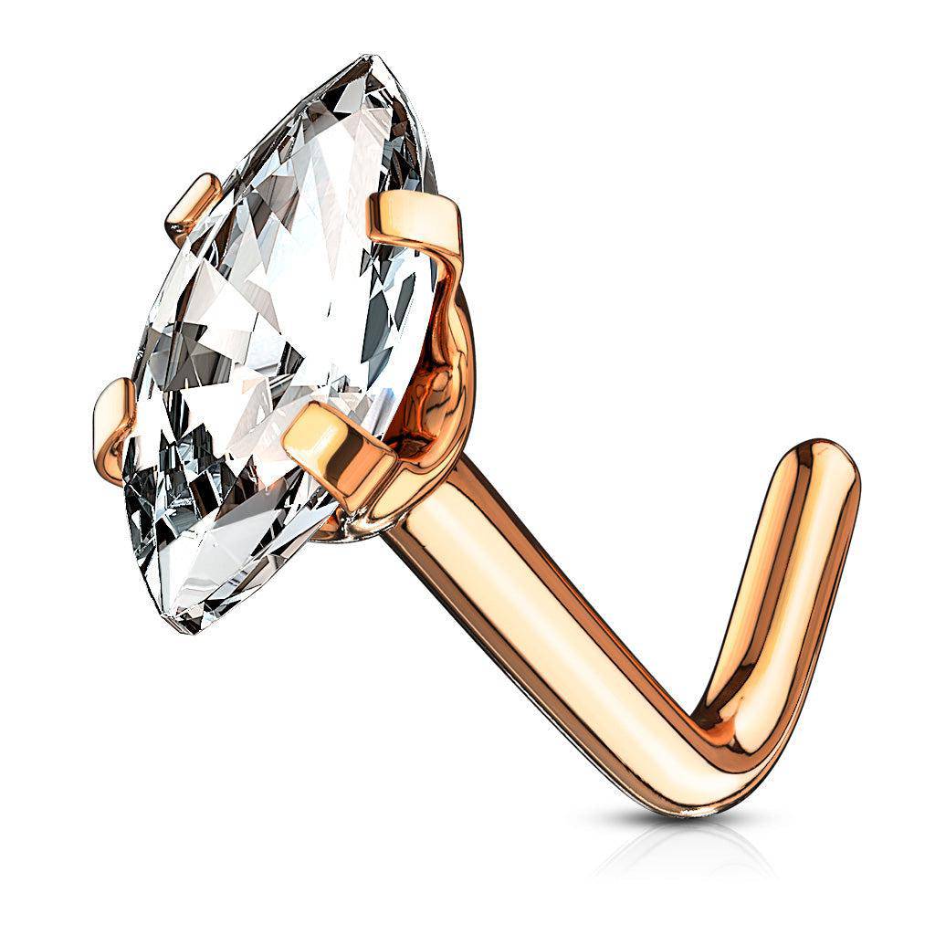 Marquis CZ Top L Bend Rose Gold Nose Stud - SkinKandy | Body Jewellery & Piercing Online Australia