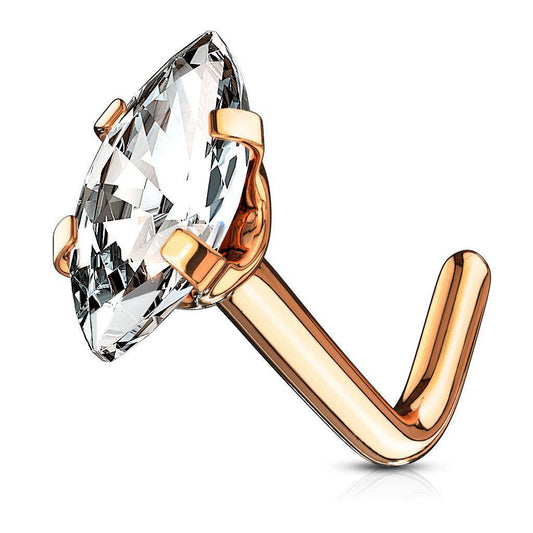 Marquis CZ Top L Bend Rose Gold Nose Stud - SkinKandy | Body Jewellery & Piercing Online Australia