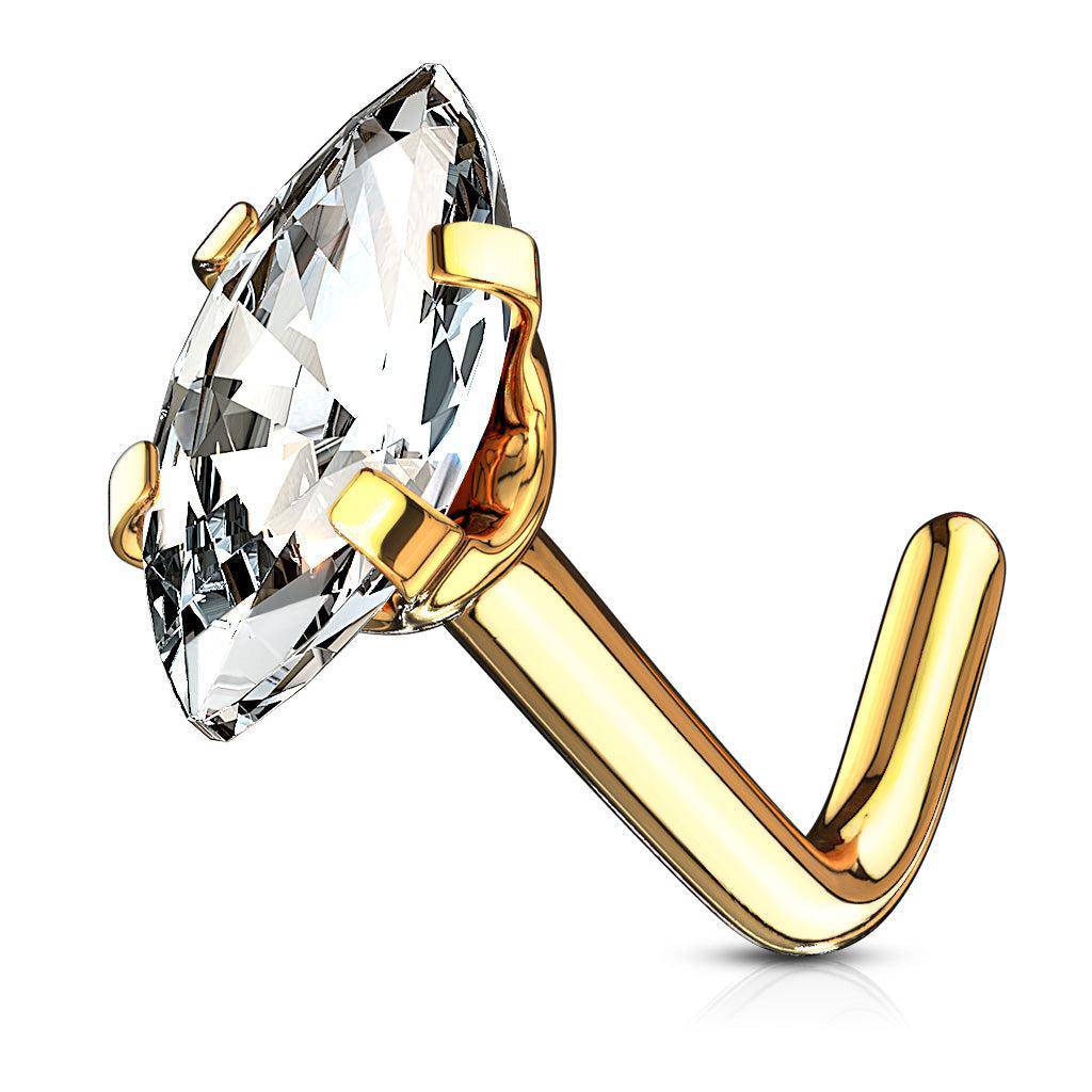 Marquise CZ Top L Bend Yellow Gold Nose Stud