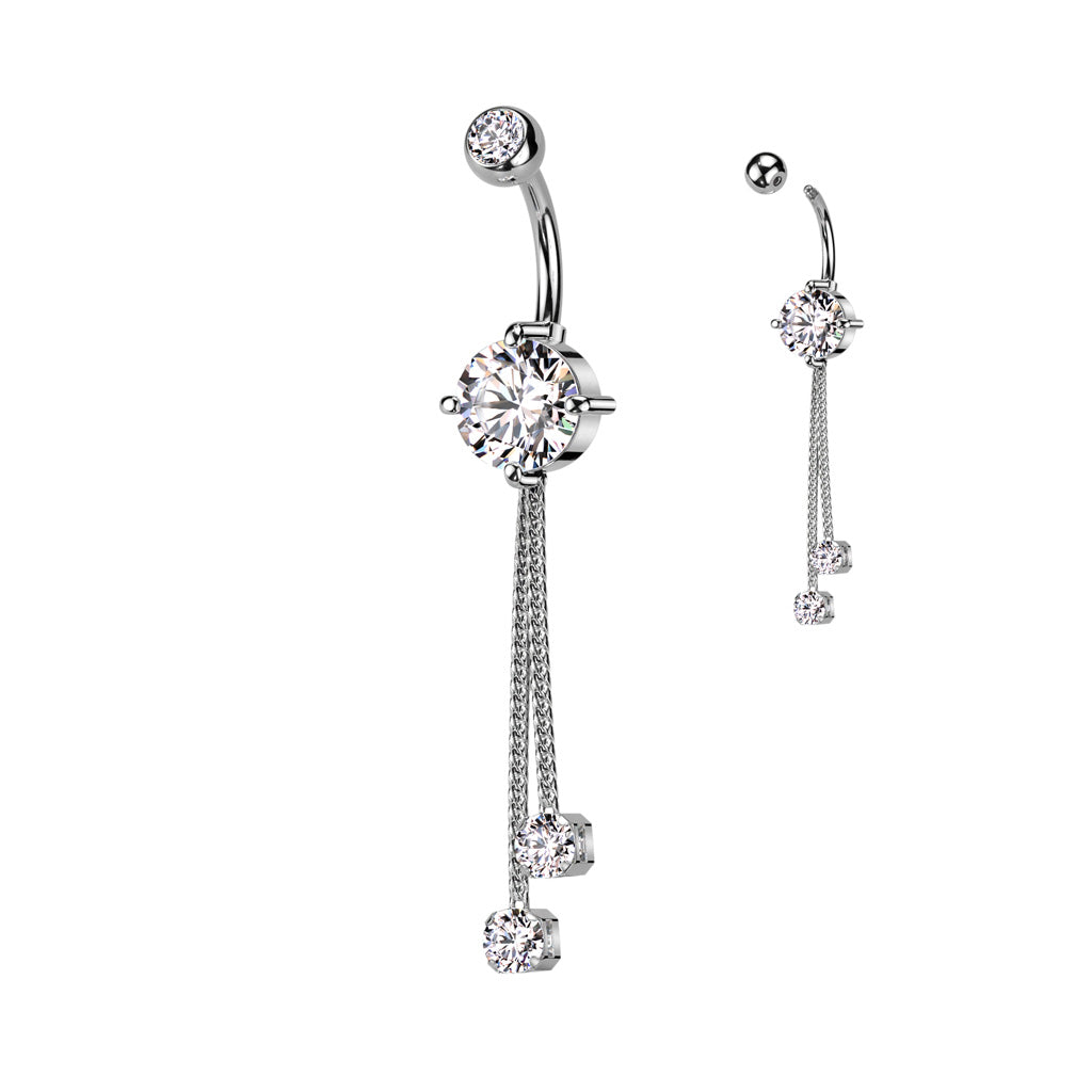 Double Jewelled CZ Navel Ring With Rope Chain Dangle