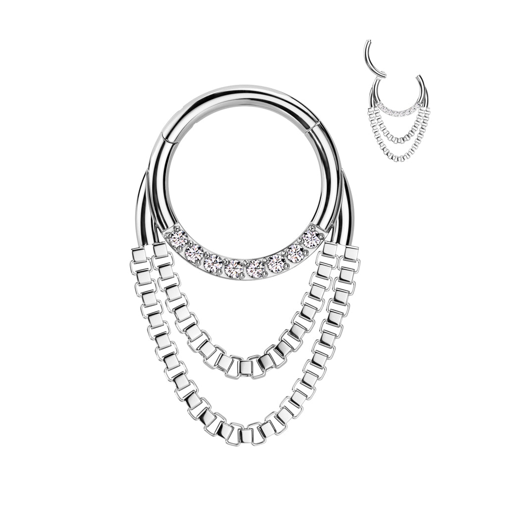 Hinged Septum With Paved Front Facing CZ and Double Box Chain Dangle