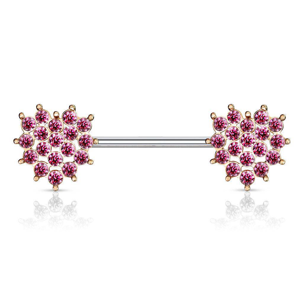 Rose Gold Nipple Barbell with Crystal Paved Heart Ends - SkinKandy | Body Jewellery & Piercing Online Australia