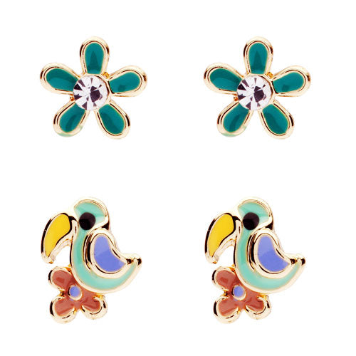 STUDEX TOUCAN AND FLOWER STUD EARRINGS SET