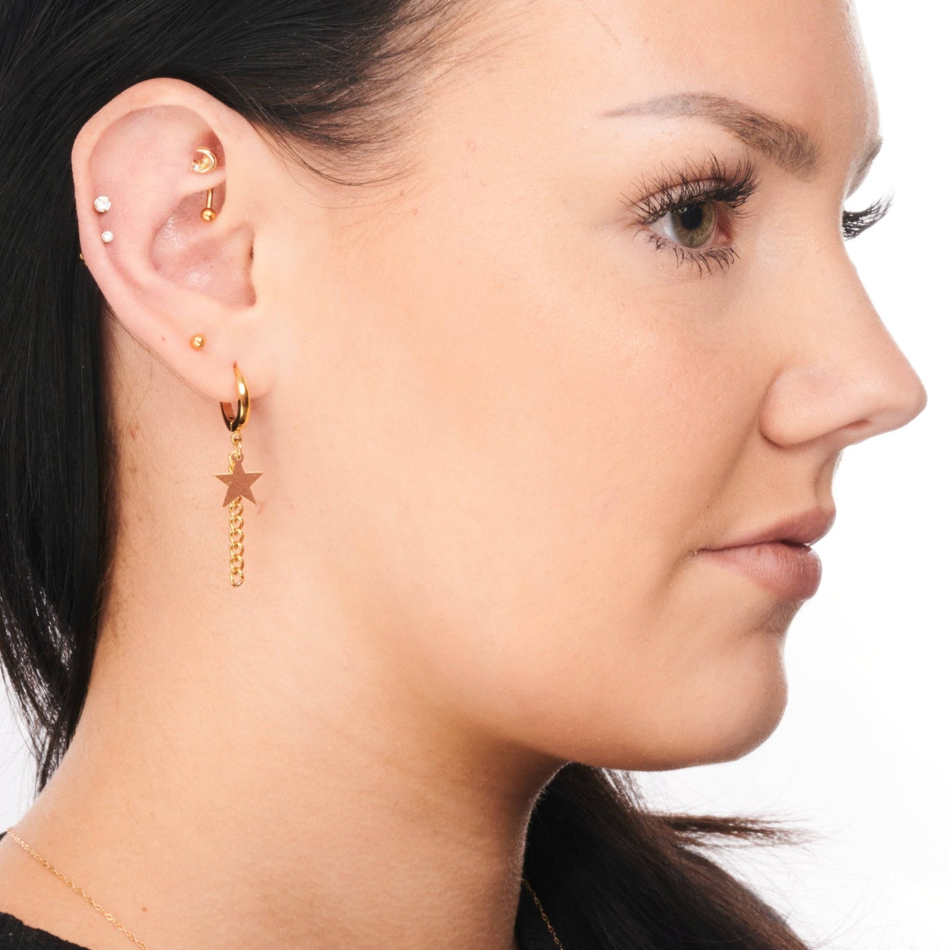 Star Chain Dangle Gold PVD Huggie Earrings - SkinKandy | Body Jewellery & Piercing Online Australia