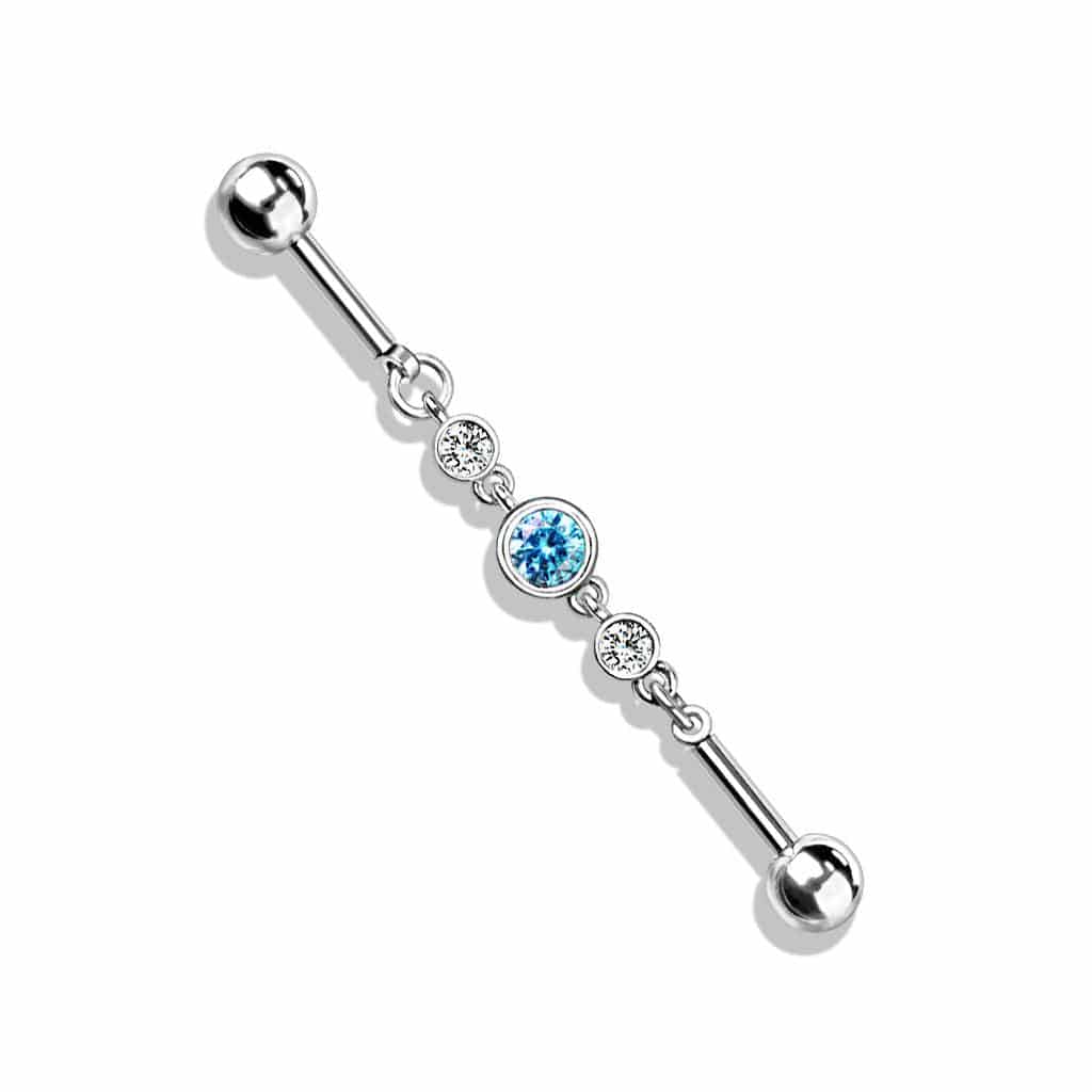 Aqua Triple Jewelled Chain Steel Industrial Barbell - SkinKandy | Body Jewellery & Piercing Online Australia