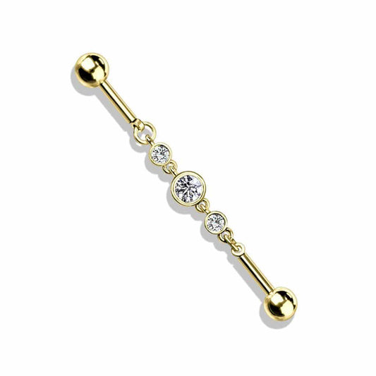 Triple Jewelled Chain Yellow Gold Industrial Barbell - SkinKandy | Body Jewellery & Piercing Online Australia