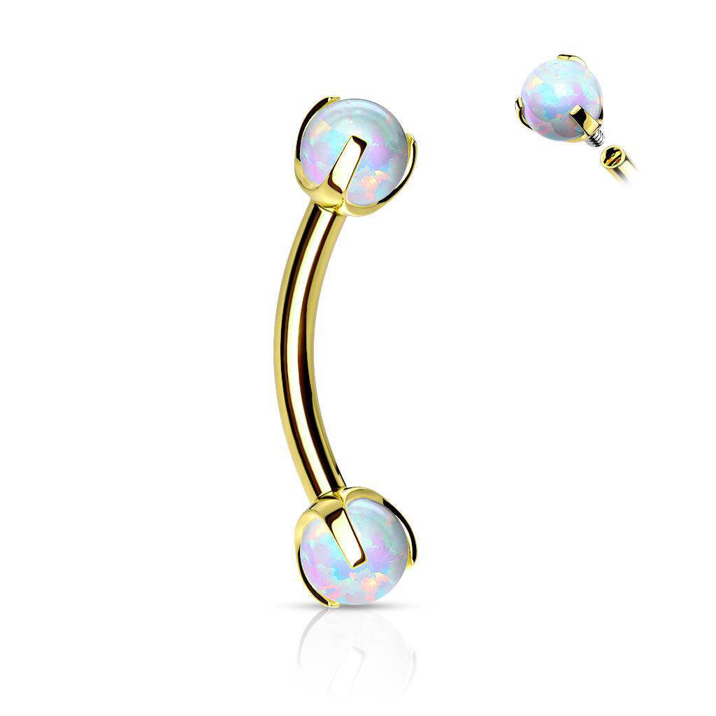 Yellow Gold Claw Set Opals on Internally Threaded Curved Barbell