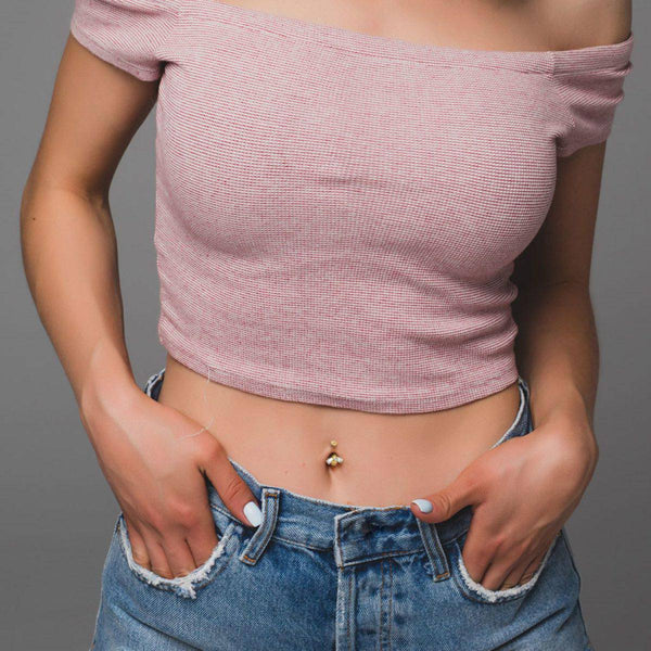 Bee with Crystal Wings Flower Top Belly Bar - Rose Gold