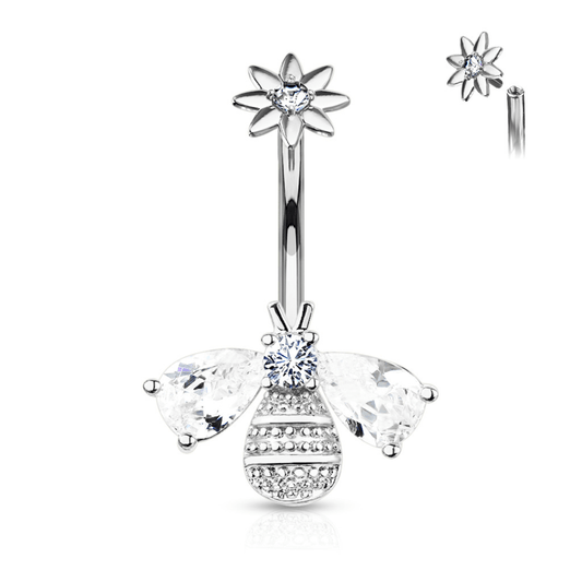 Bee with Crystal Wings Flower Top Belly Bar - SkinKandy | Body Jewellery & Piercing Online Australia