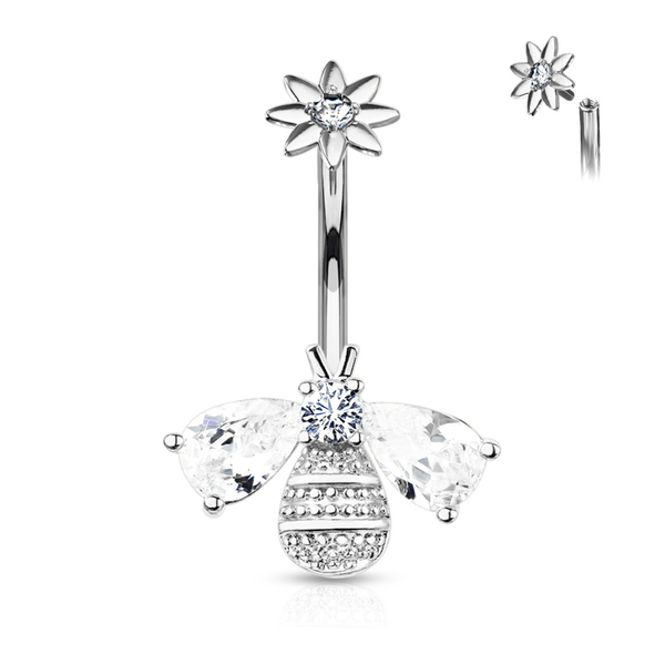 Bee with Crystal Wings Flower Top Belly Bar