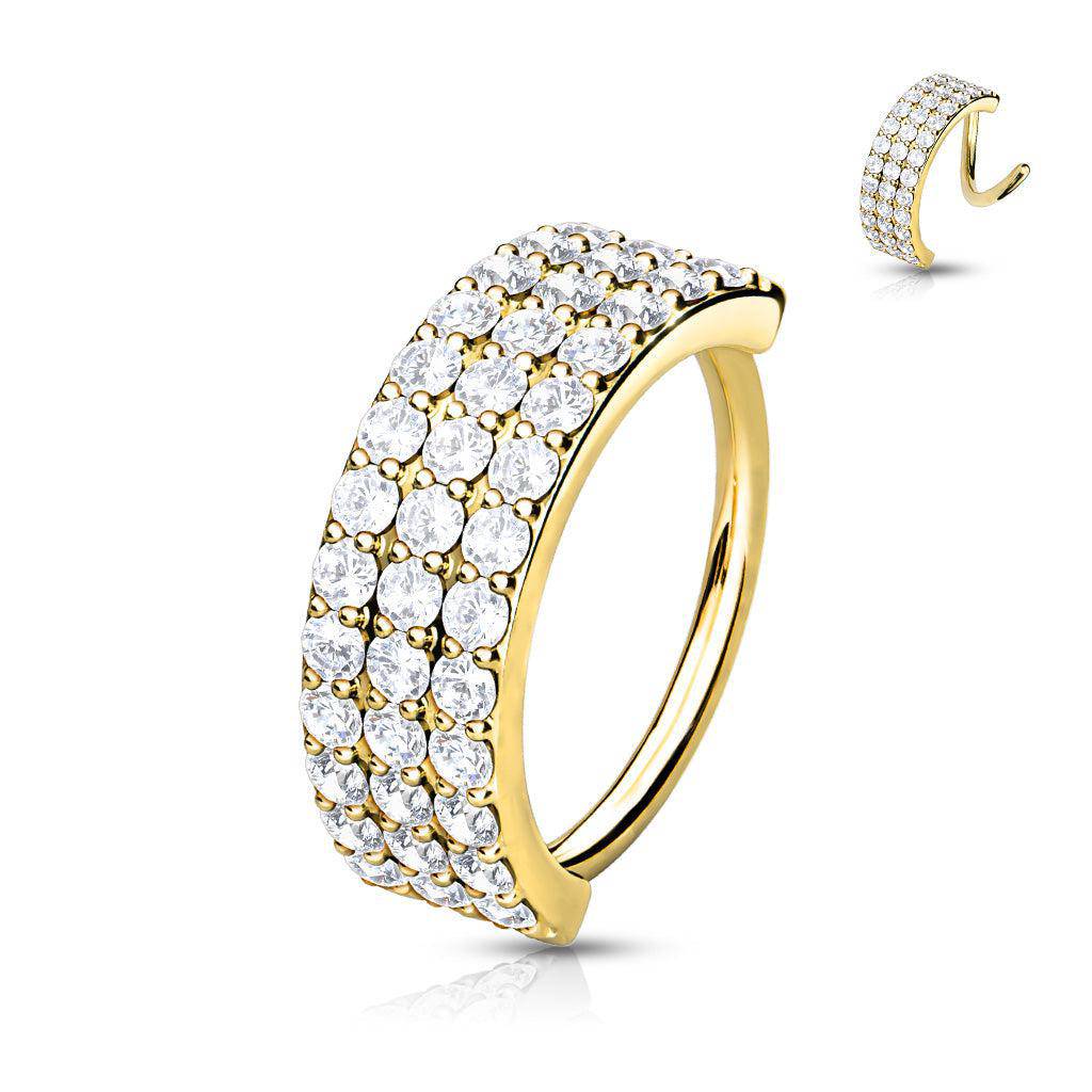 Yellow Gold Bendable Ring with Triple Lined CZ Gems