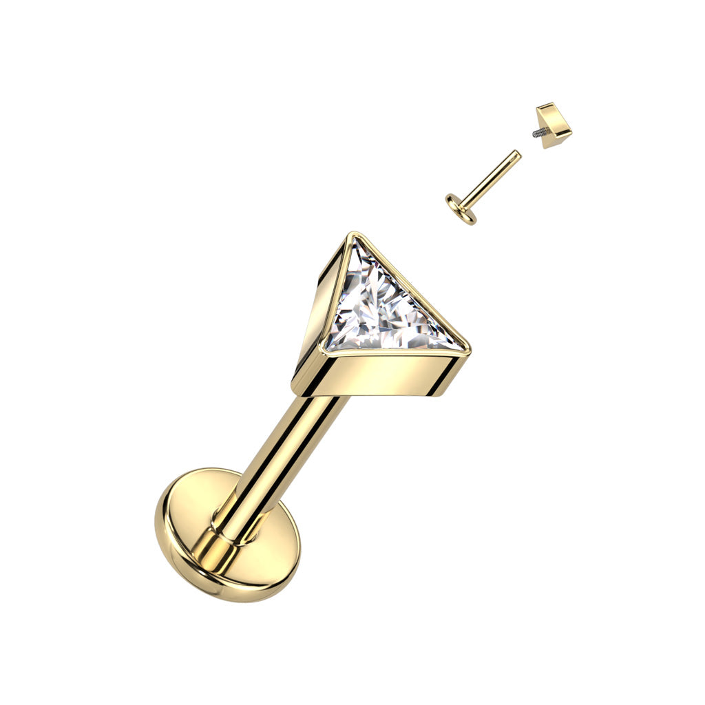 Yellow Gold Titanium Internally Threaded Labret With Triangle CZ Top