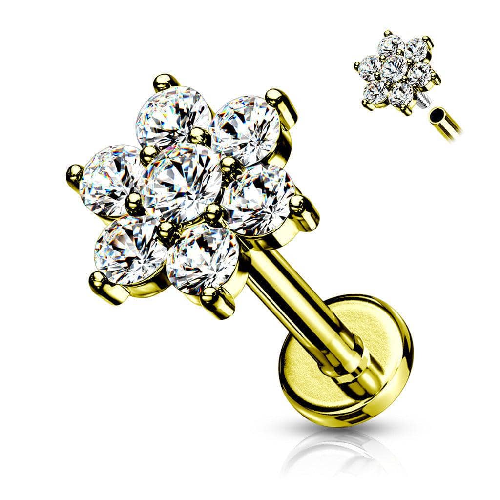 CZ Flower Top Internally Threaded Flatback Labret - SkinKandy | Body Jewellery & Piercing Online Australia