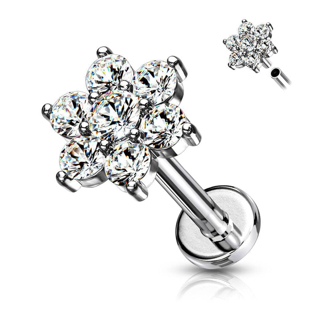 CZ Flower Top Internally Threaded Flatback Labret - SkinKandy | Body Jewellery & Piercing Online Australia
