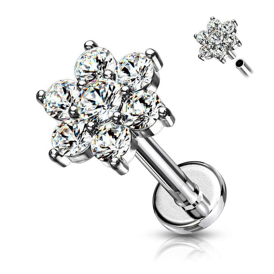 CZ Flower Top Internally Threaded Flatback Labret - SkinKandy | Body Jewellery & Piercing Online Australia