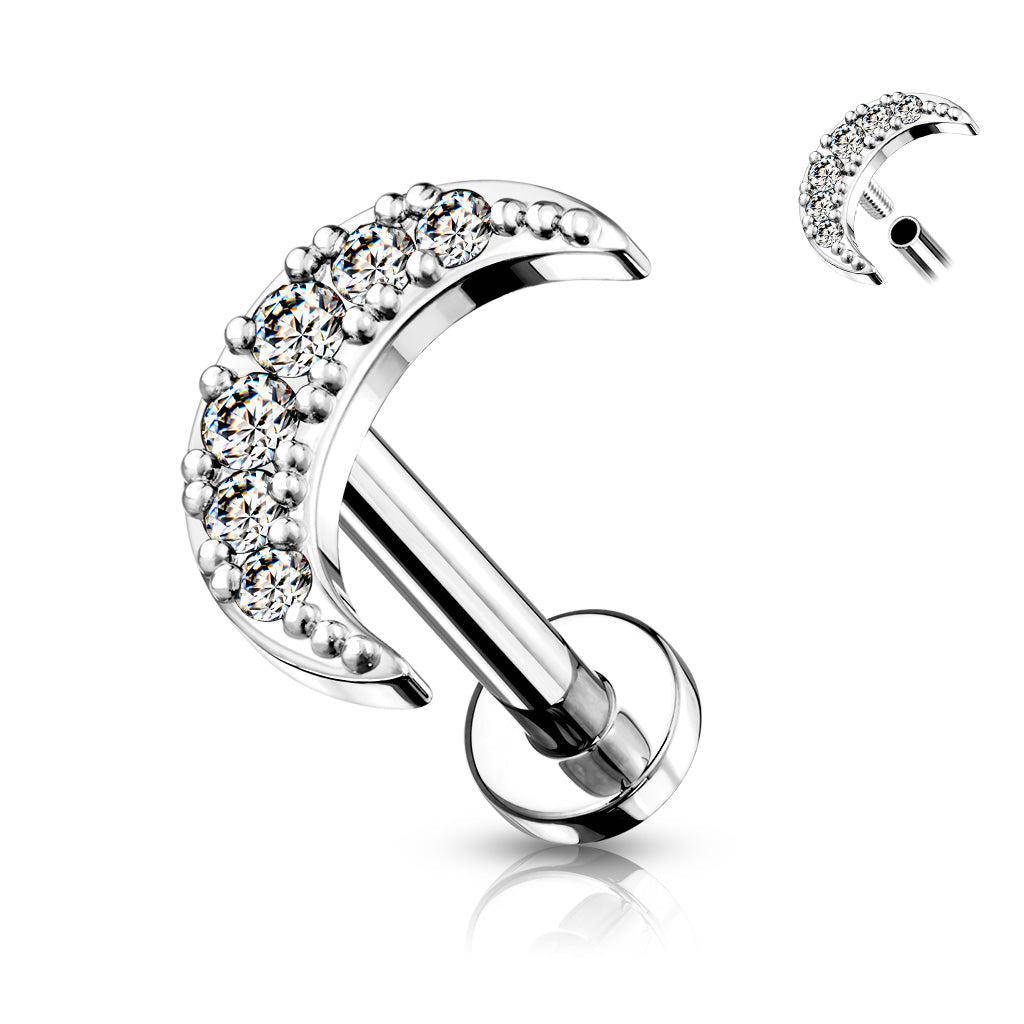 CZ Paved Crescent Moon Top Flatback Stud - SkinKandy | Body Jewellery & Piercing Online Australia