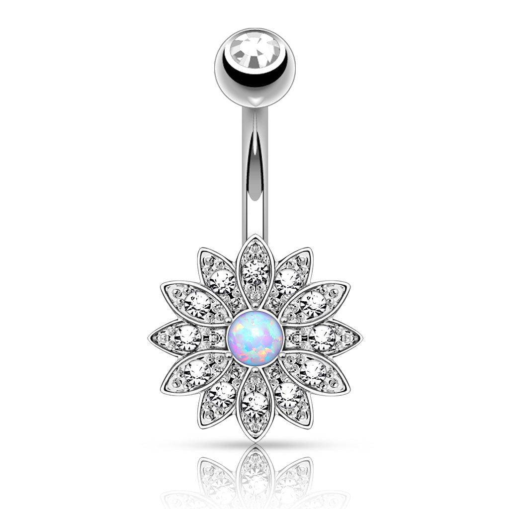 CZ Paved Opal Centre Flower Belly Bar