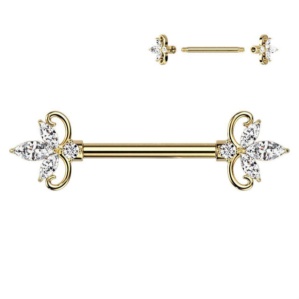 Double Heart Marquis CZ Steel Nipple Bar