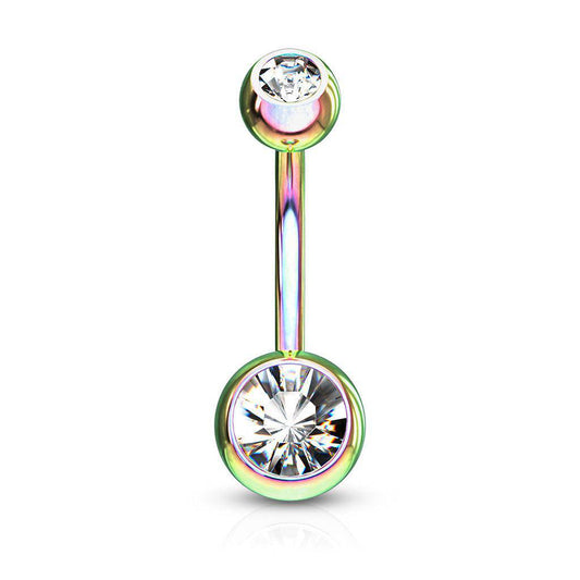 Rainbow Double Jewelled Steel Belly Ring - SkinKandy | Body Jewellery & Piercing Online Australia