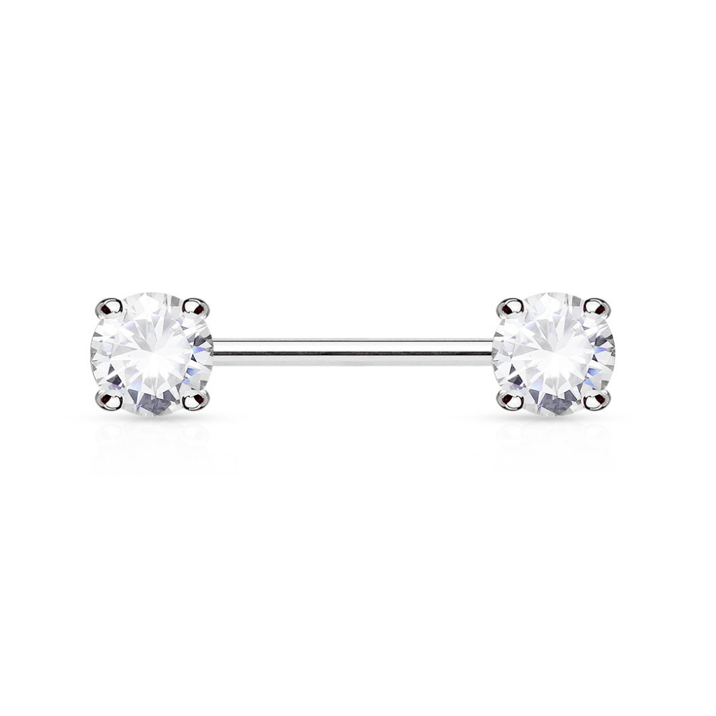 14K Solid White Gold Prong Set Gem Nipple Bar - SkinKandy | Body Jewellery & Piercing Online Australia
