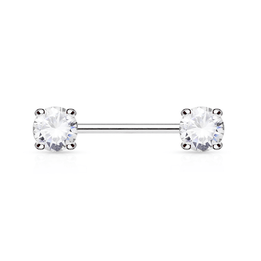 14K Solid White Gold Prong Set Gem Nipple Bar - SkinKandy | Body Jewellery & Piercing Online Australia