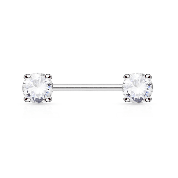 14K Solid White Gold Prong Set Gem Nipple Bar