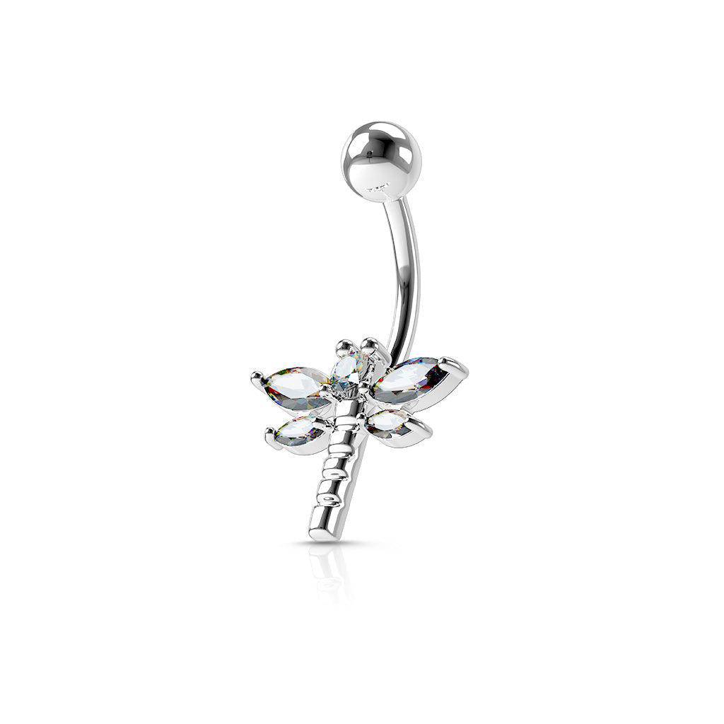 Dragonfly Clear CZ Steel Belly Ring