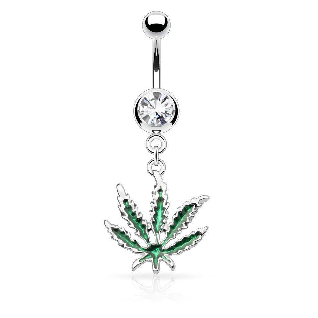 Green Pot Leaf Dangle Belly Bar - SkinKandy | Body Jewellery & Piercing Online Australia