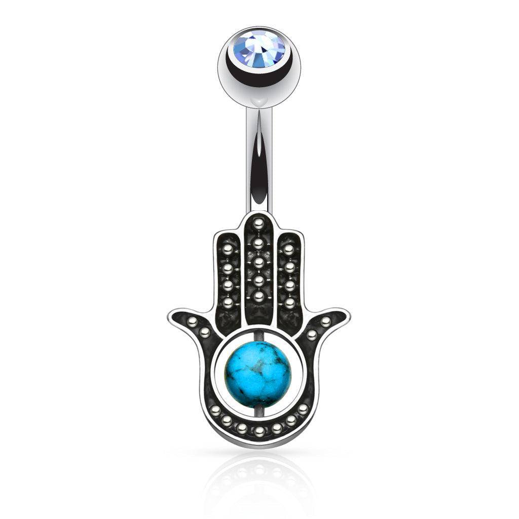 Hamsa Hand Belly Bar with Turquoise Stone - SkinKandy | Body Jewellery & Piercing Online Australia