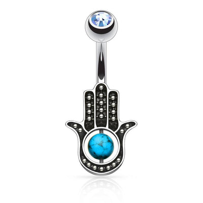 Hamsa Hand Belly Bar with Turquoise Stone