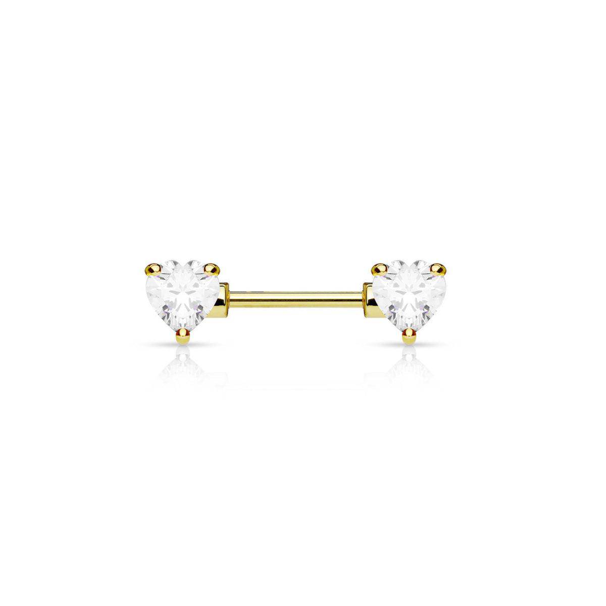Yellow Gold Love Heart CZ Nipple Barbell - SkinKandy | Body Jewellery & Piercing Online Australia