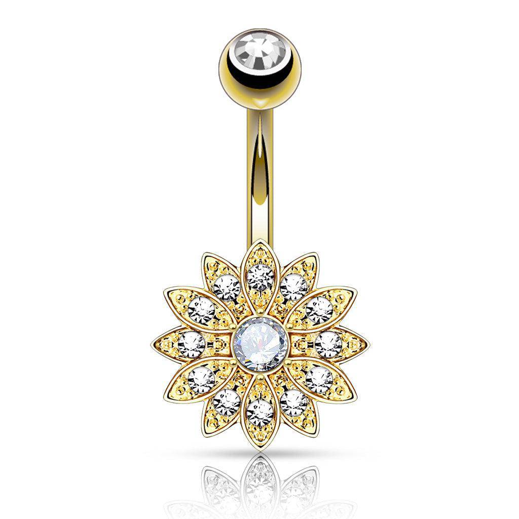 Petite Paved Flower with Gem Center Navel Ring