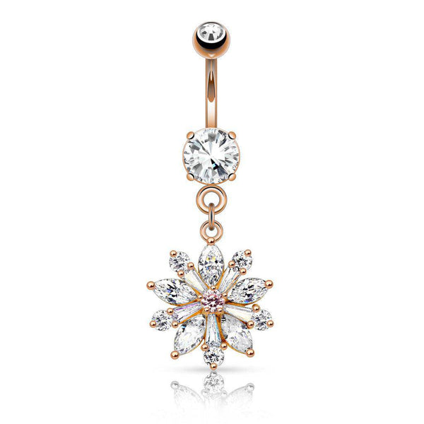 Dangle Flower Belly Bar with Gem Top