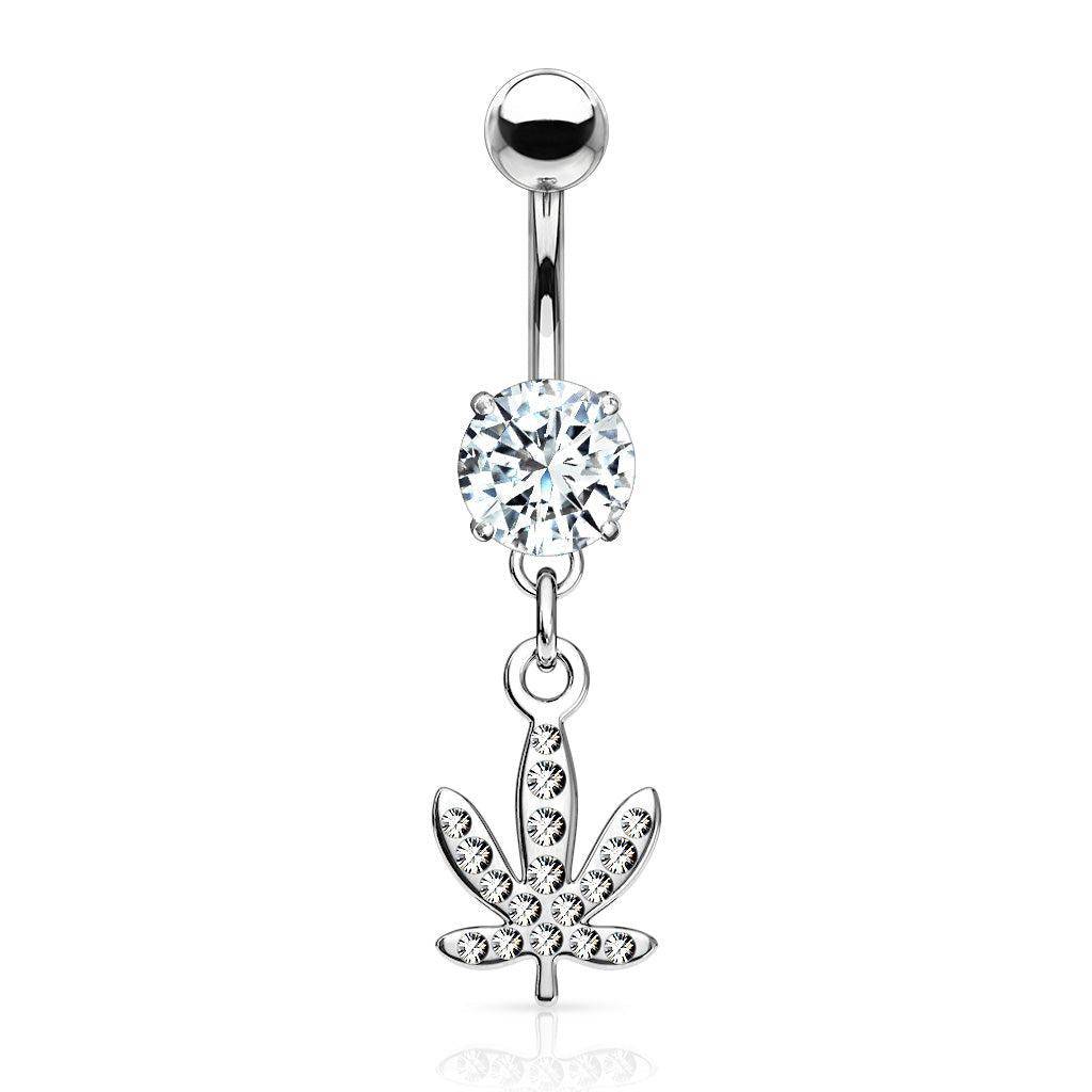 Pot Leaf CZ Dangle Belly Bar - SkinKandy | Body Jewellery & Piercing Online Australia