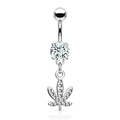 Pot Leaf CZ Dangle Belly Bar