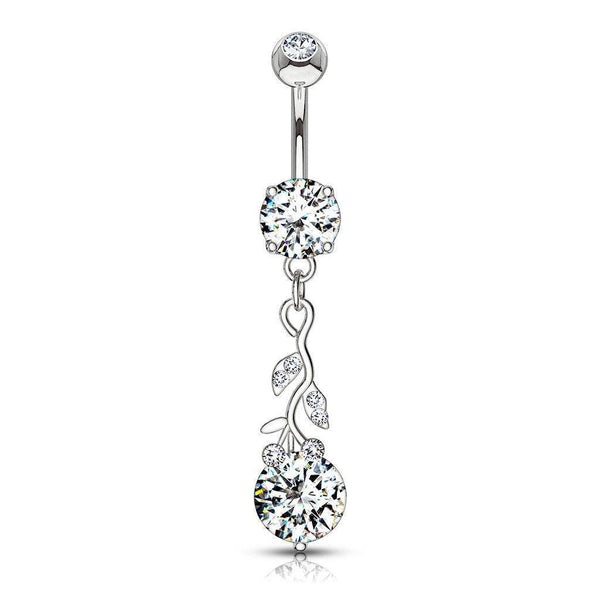 Rose Dangle Cubic Zirconia 316L Surgical Steel Belly Bar