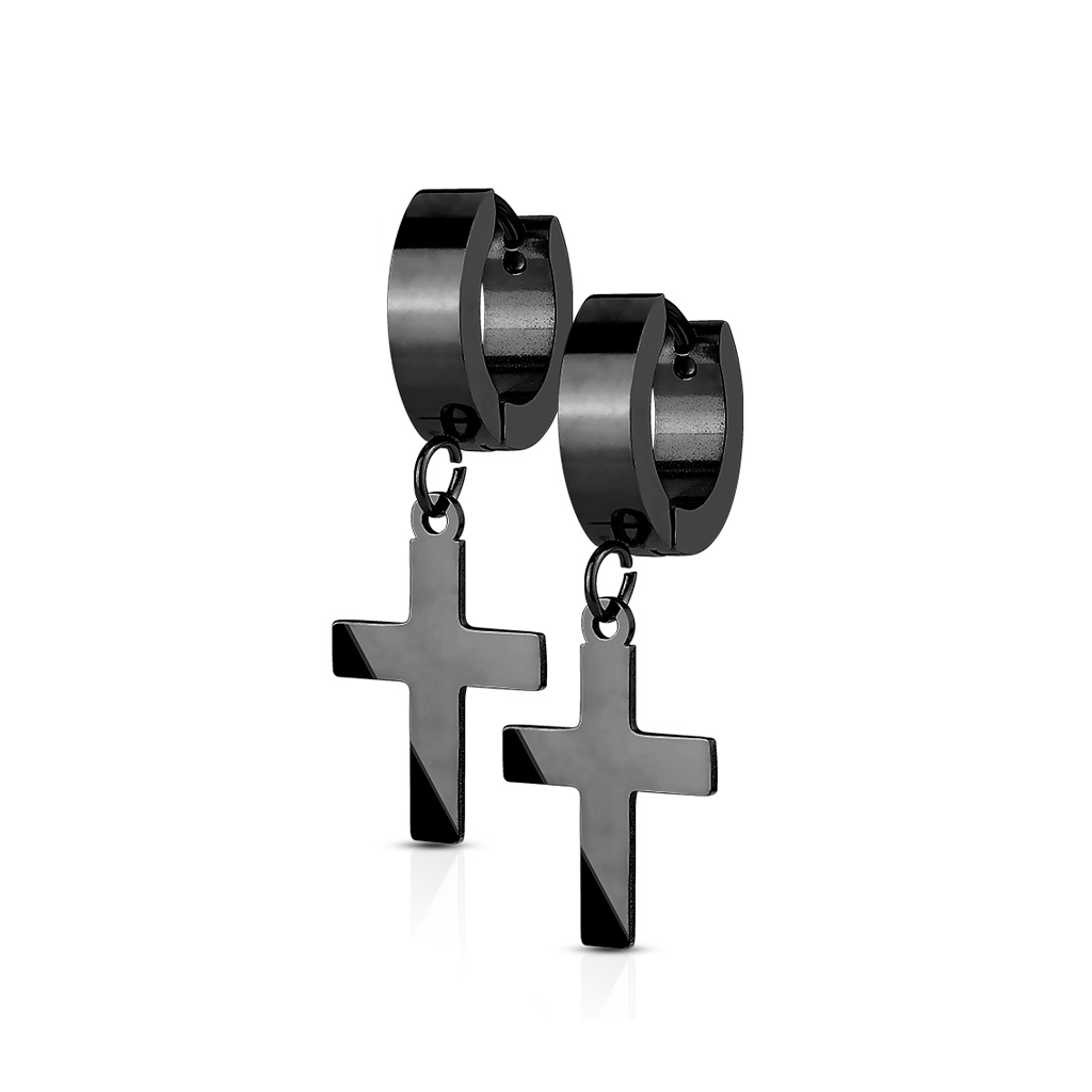 Steel Huggie Hoop Earrings with Cross Dangle
