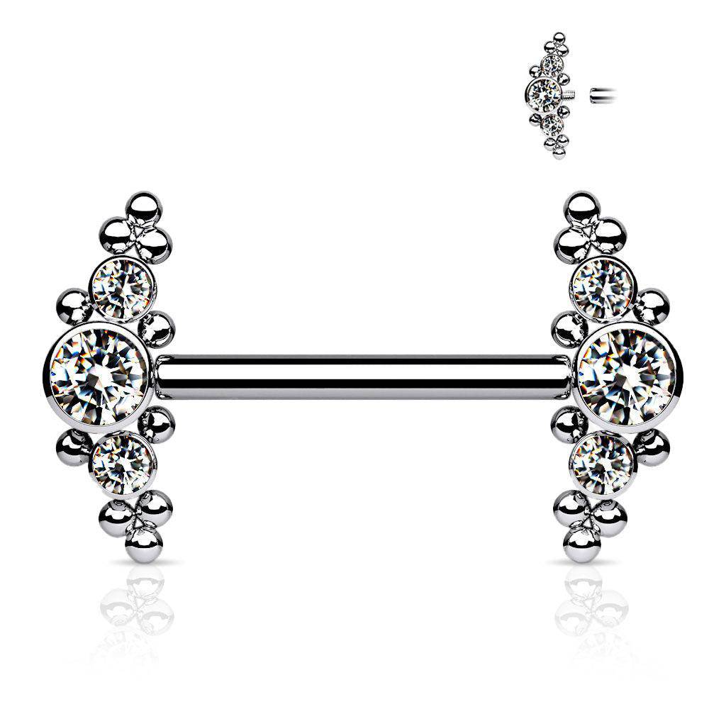 Titanium Nipple Bar with Internally Threaded CZ Cluster Ends - SkinKandy | Body Jewellery & Piercing Online Australia