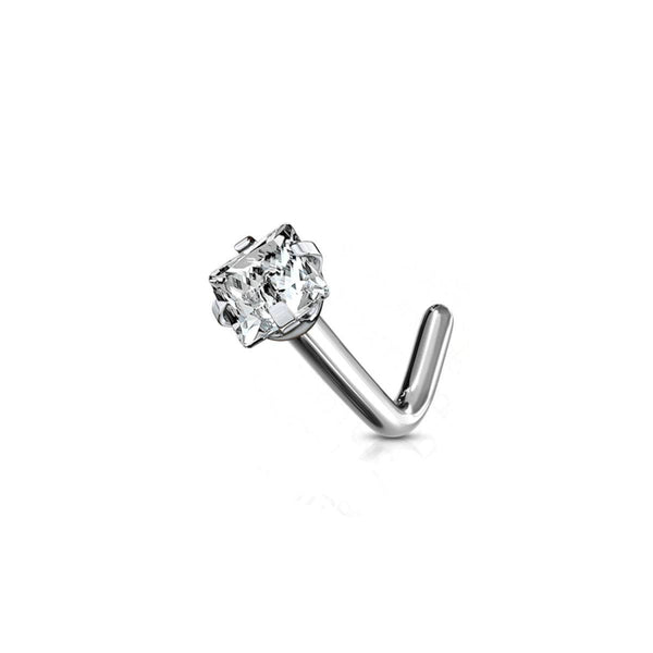 Titanium Prong Set Square CZ L Bend Nose Stud