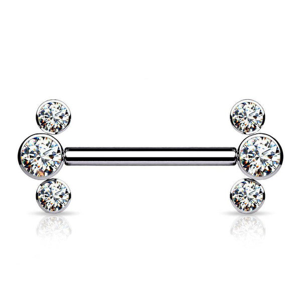 Threadless Titanium Nipple Bar with 3 CZ Bezel Ends