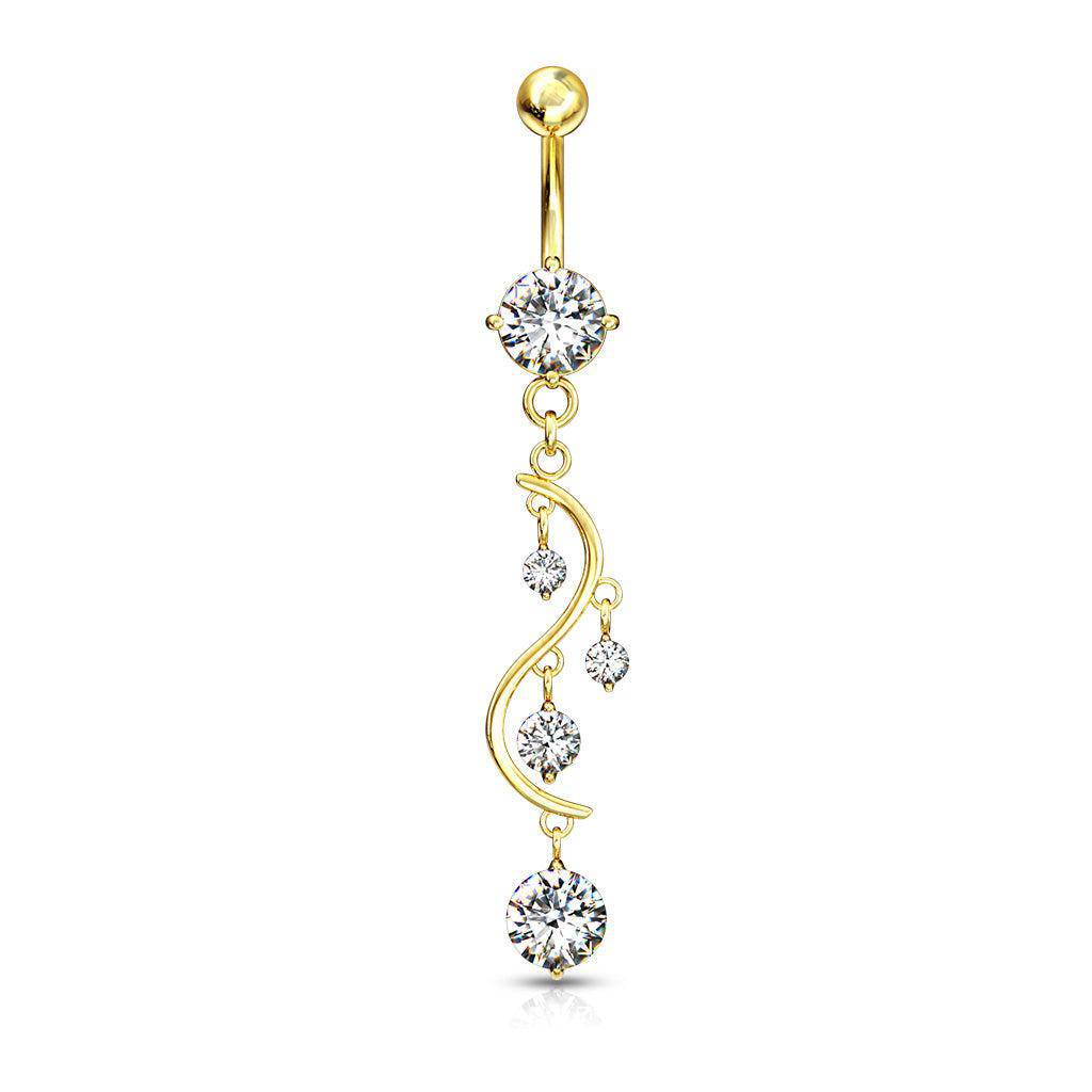 Vine CZ Dangle Yellow Gold Belly Bar - SkinKandy | Body Jewellery & Piercing Online Australia