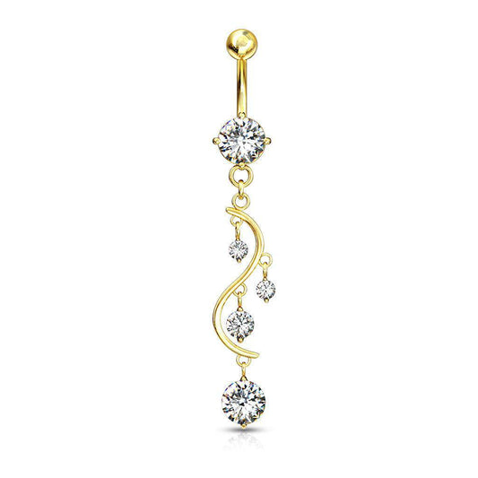 Vine CZ Dangle Yellow Gold Belly Bar - SkinKandy | Body Jewellery & Piercing Online Australia